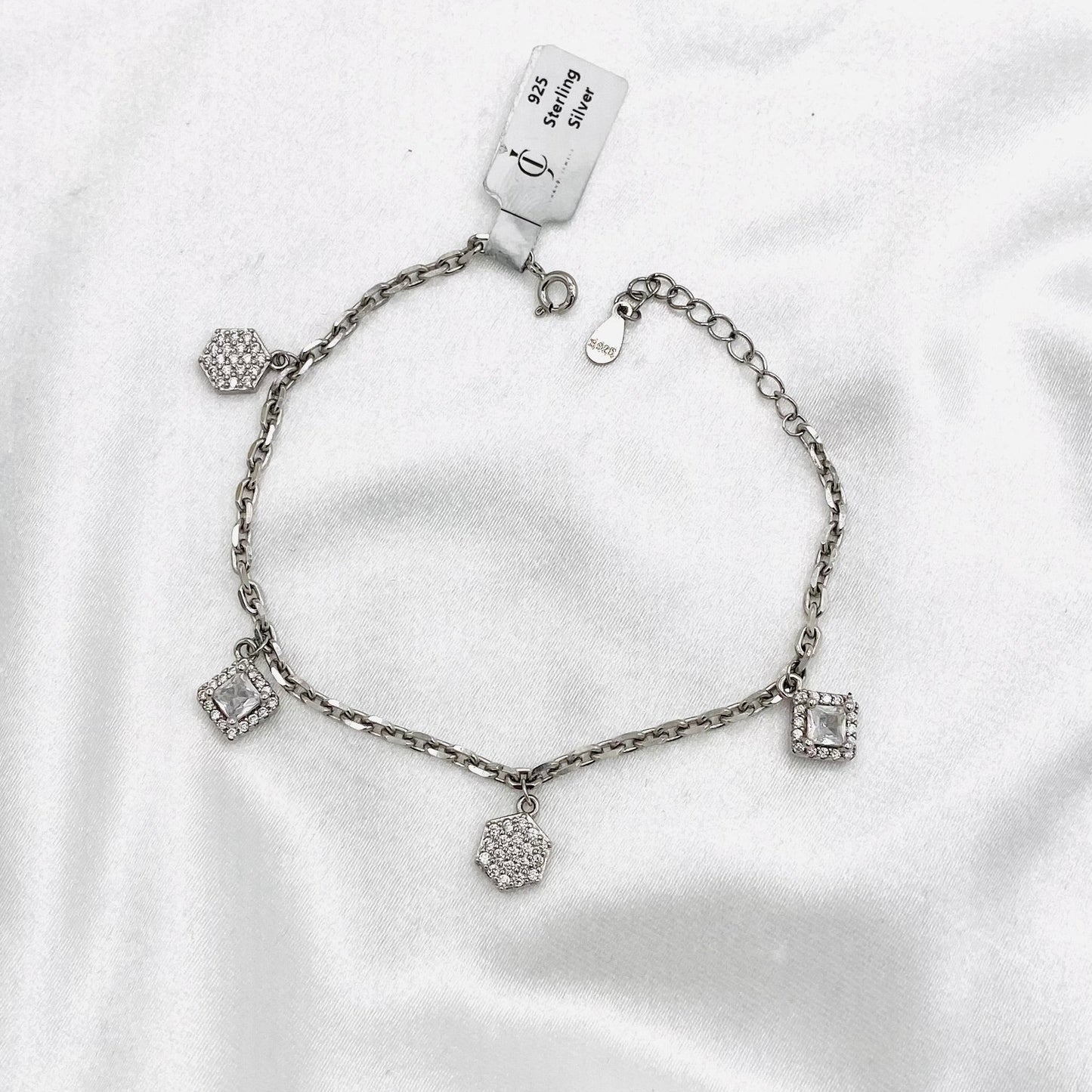 WBI09 Moissanite Dangler Square Charm Bracelet In 925 Sterling Silver