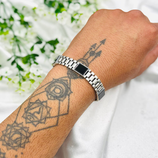 Gunmetal Silver Bracelet with Onyx Stones MBG02