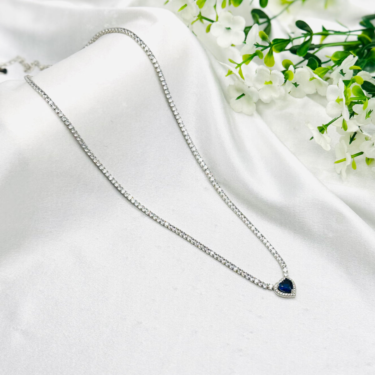 Women 925 Silver Tennis Necklace with Blue Heart Gemstones WTN03