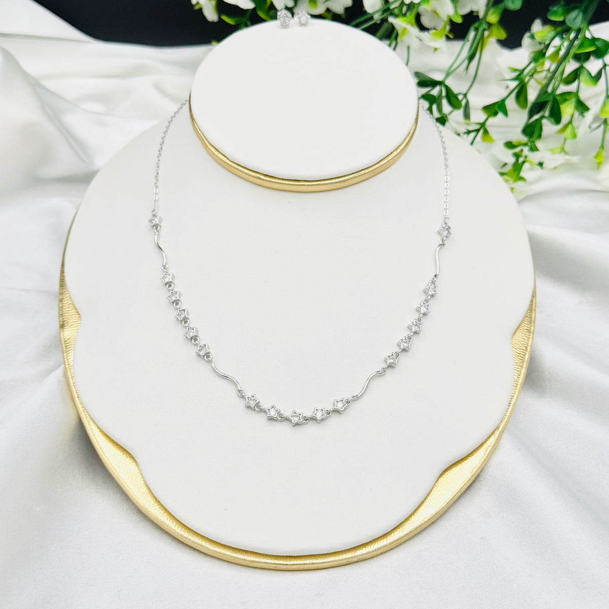 Women 925 Silver Tennis Style Necklace With Stars WTN06