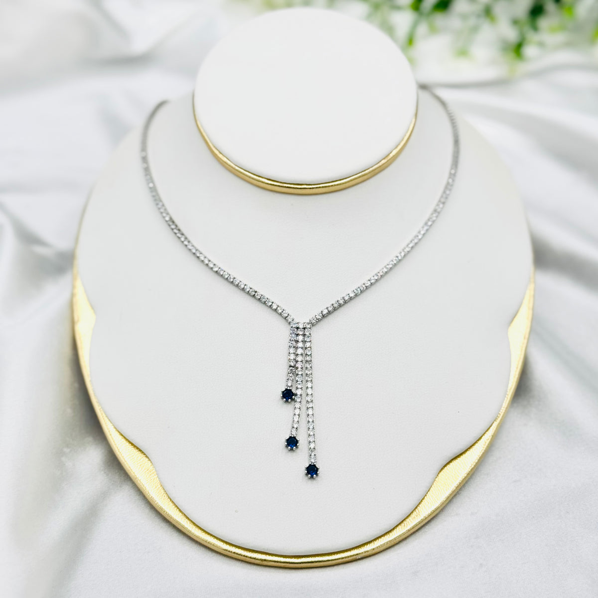 Women 925 Silver Lariat-style Tennis Necklace with Blue Gemstones WTN02