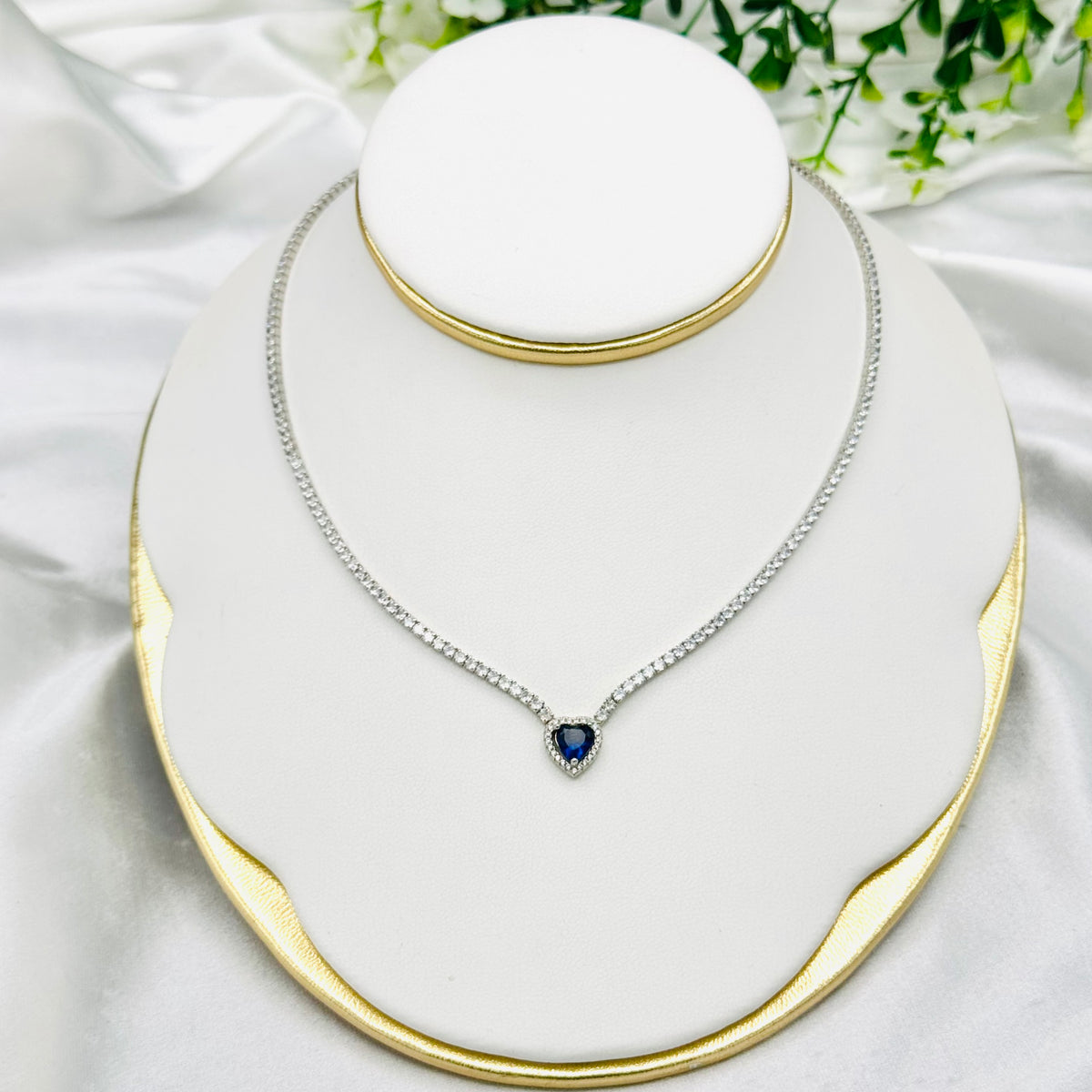 Women 925 Silver Tennis Necklace with Blue Heart Gemstones WTN03
