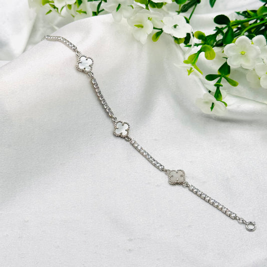 Vancleef 3 White Clover with Tennis Chain Silver Bracelet WBV27