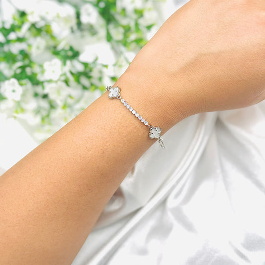 Vancleef 3 White Clover with Tennis Chain Silver Bracelet WBV27