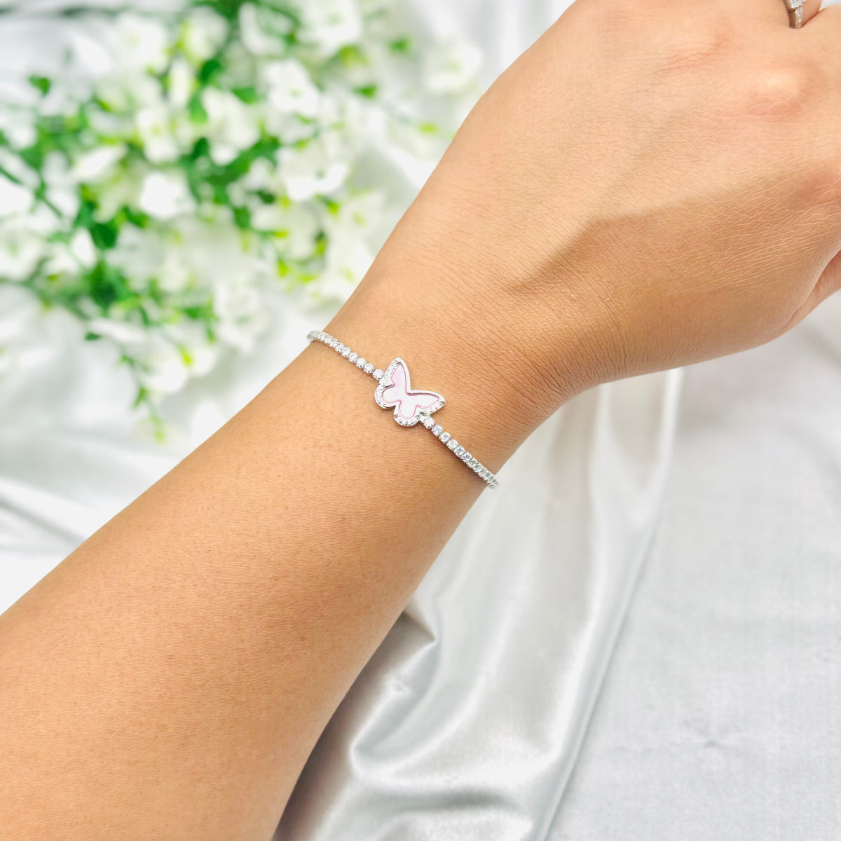 WBT36 Women Tennis Bracelet With Pink Butterfly In 925 Sterling Silver