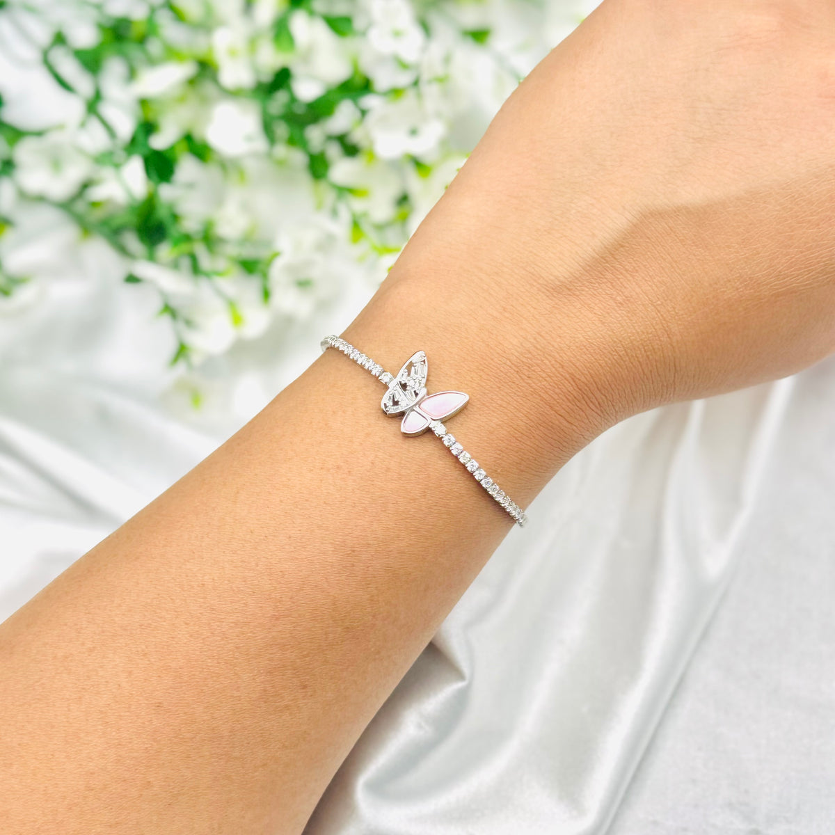 WBT38 Damen-Tennisarmband mit rosa Schmetterling & Moissaniten in 925er Sterlingsilber