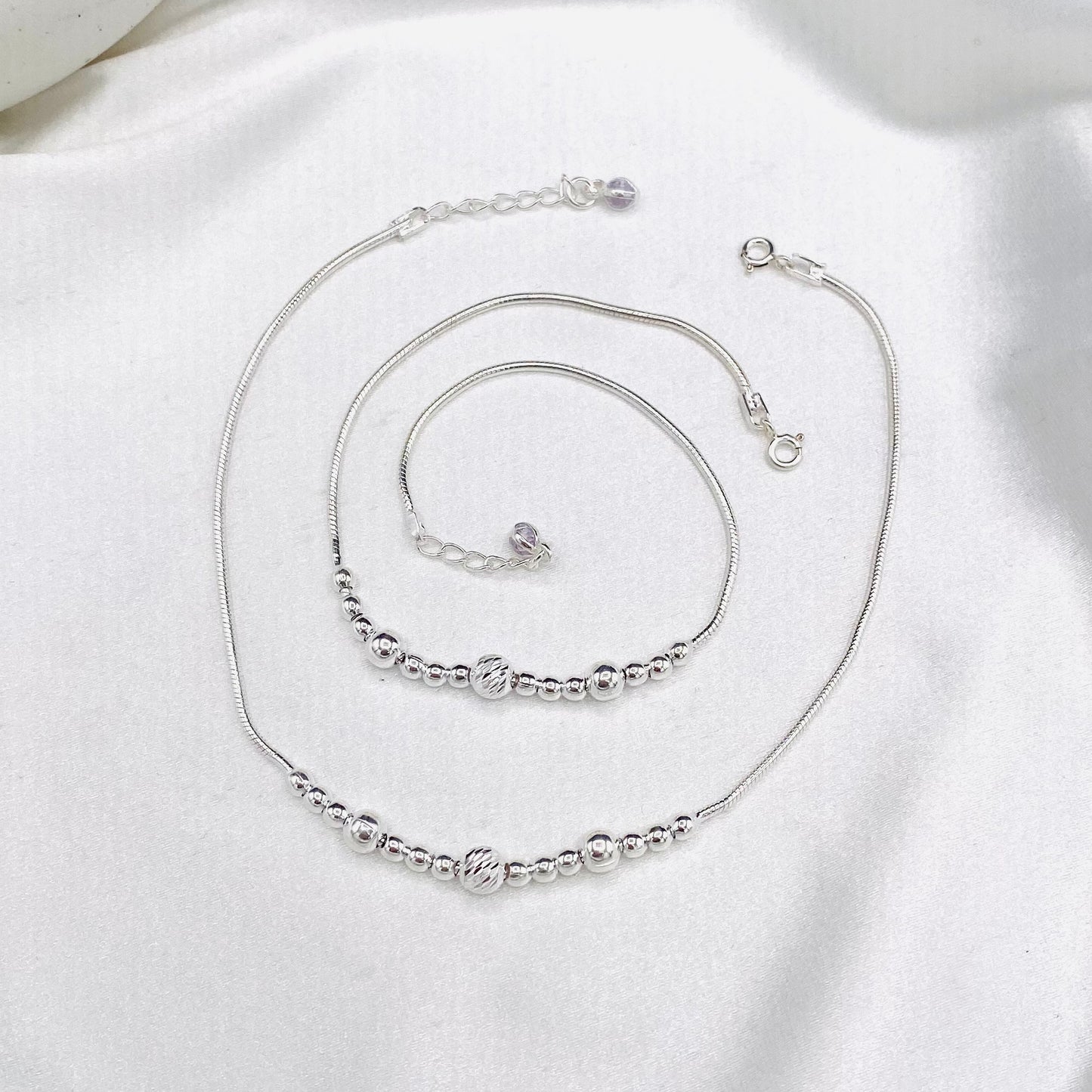 Women Silver Ball 925 Sterling Silver Round Snake Chain Anklet WAS05