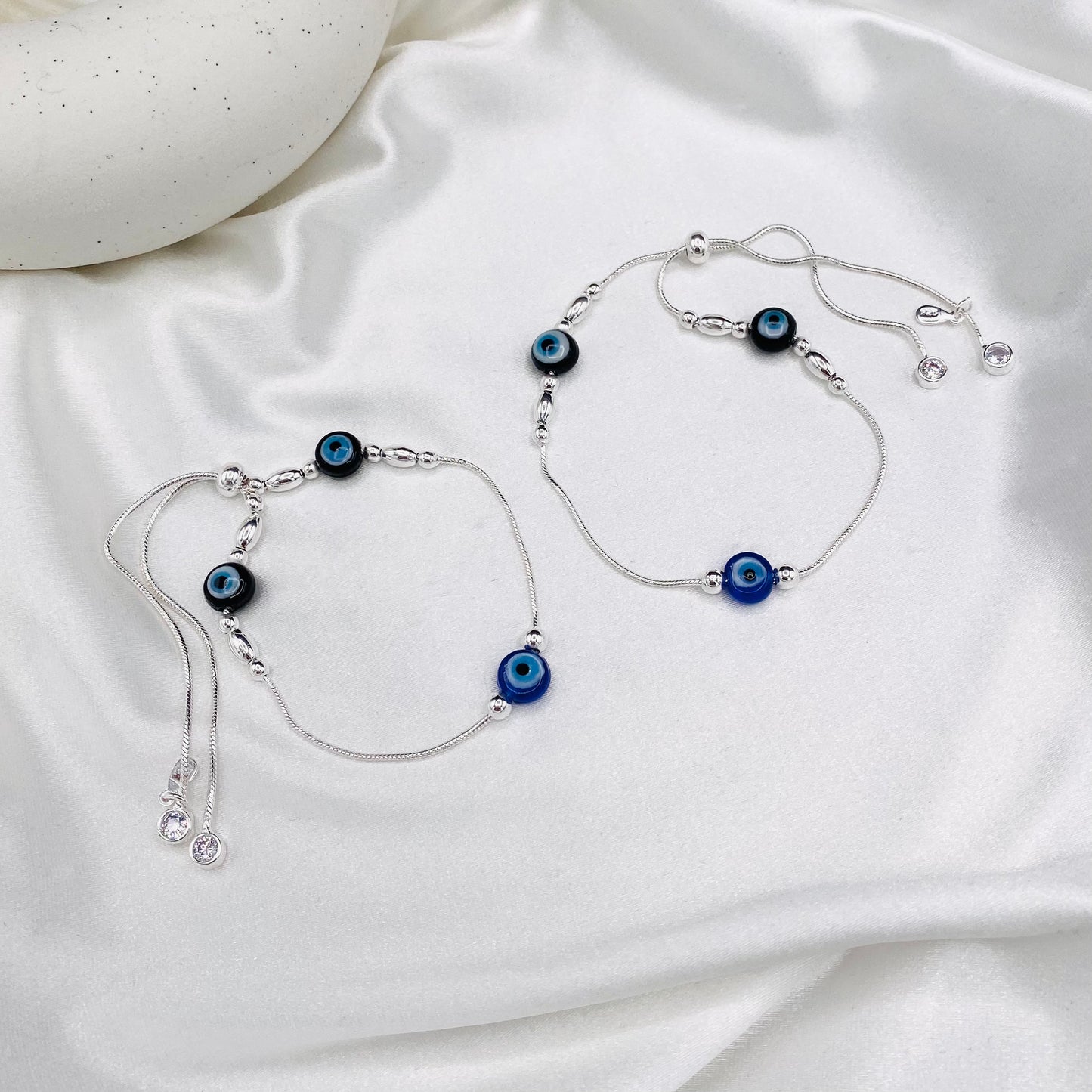 Women Adjustable 925 Sterling Silver Black and Blue Evileye Anklet WAS11