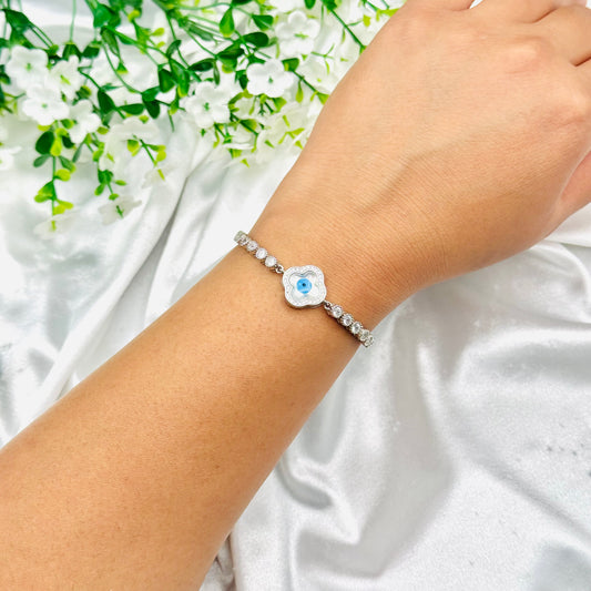 Evil Eye Blue Adjustable Bracelet with Round Moissanite in 925 Silver, Rhodium Finish WBE05