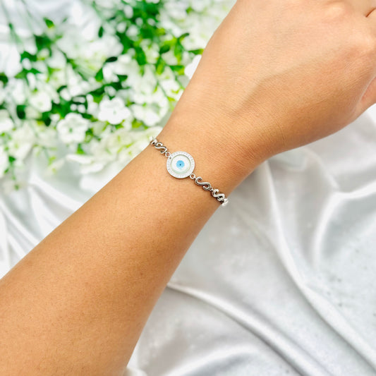 Blue Round Evil Eye Slider Bracelet For Women In Sterling Silver WBE01