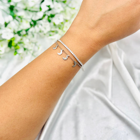 WBT40 Women Double Layer Tennis Bracelet with Moon Danglers In 925 Sterling Silver