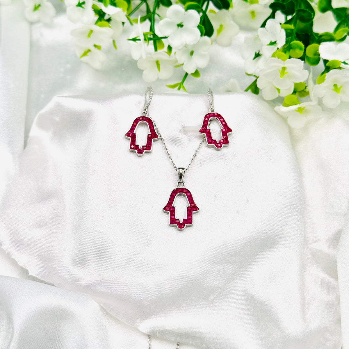 Women's 925 Silver Pink Hamsa Hand Pendant with Chain & Earring set SPI28
