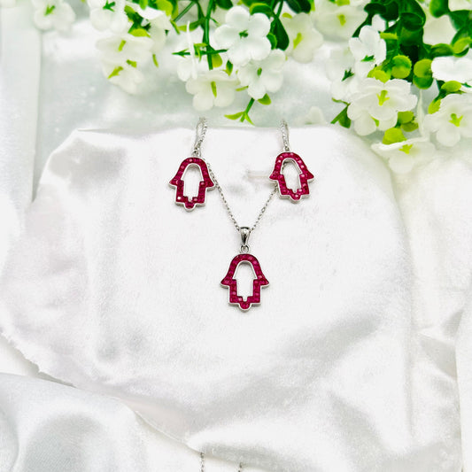 Women's 925 Silver Pink Hamsa Hand Pendant with Chain & Earring set SPI28