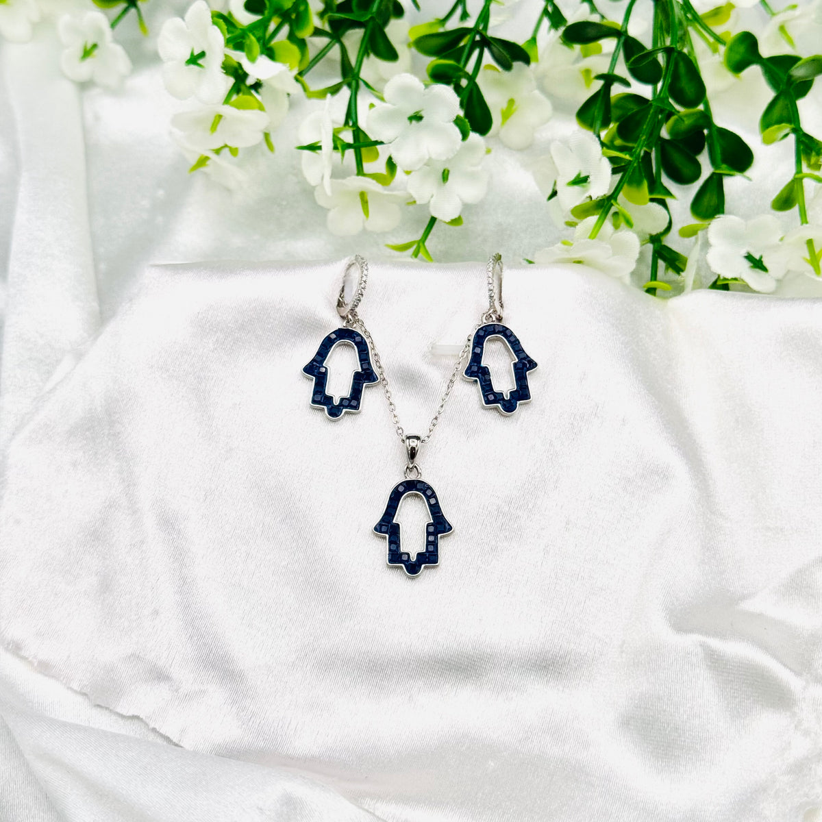 Women's 925 Silver Blue Hamsa Hand Pendant with Chain & Earring set SPI29