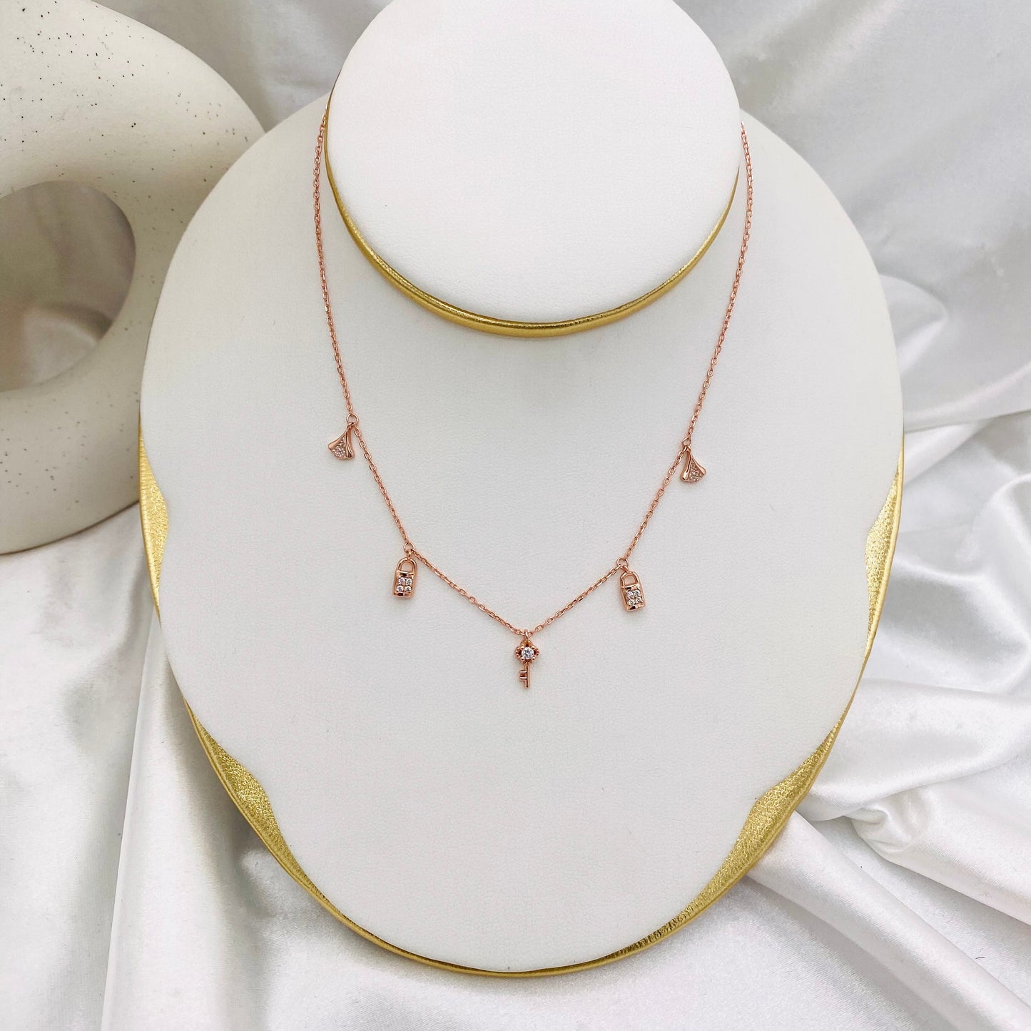 Women Rosegold Multiple Charm Lock and Key Necklace WNI53