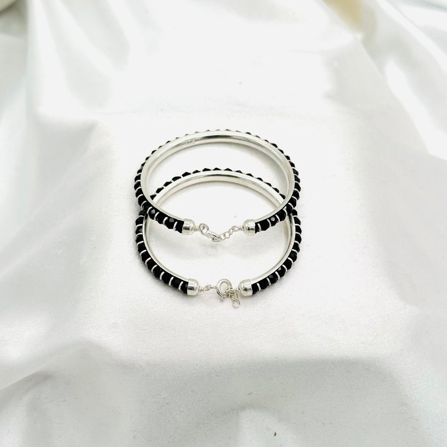 Black Beads Baby 925 Sterling Silver Open Lock Bangle Pair BBS37