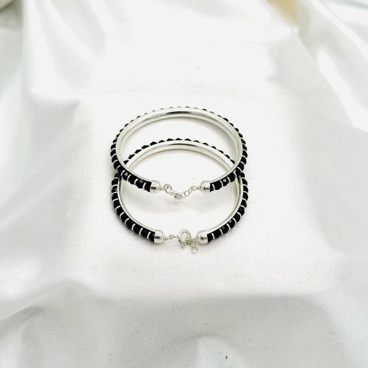 Black Beads Baby 925 Sterling Silver Open Lock Bangle Pair BBS37