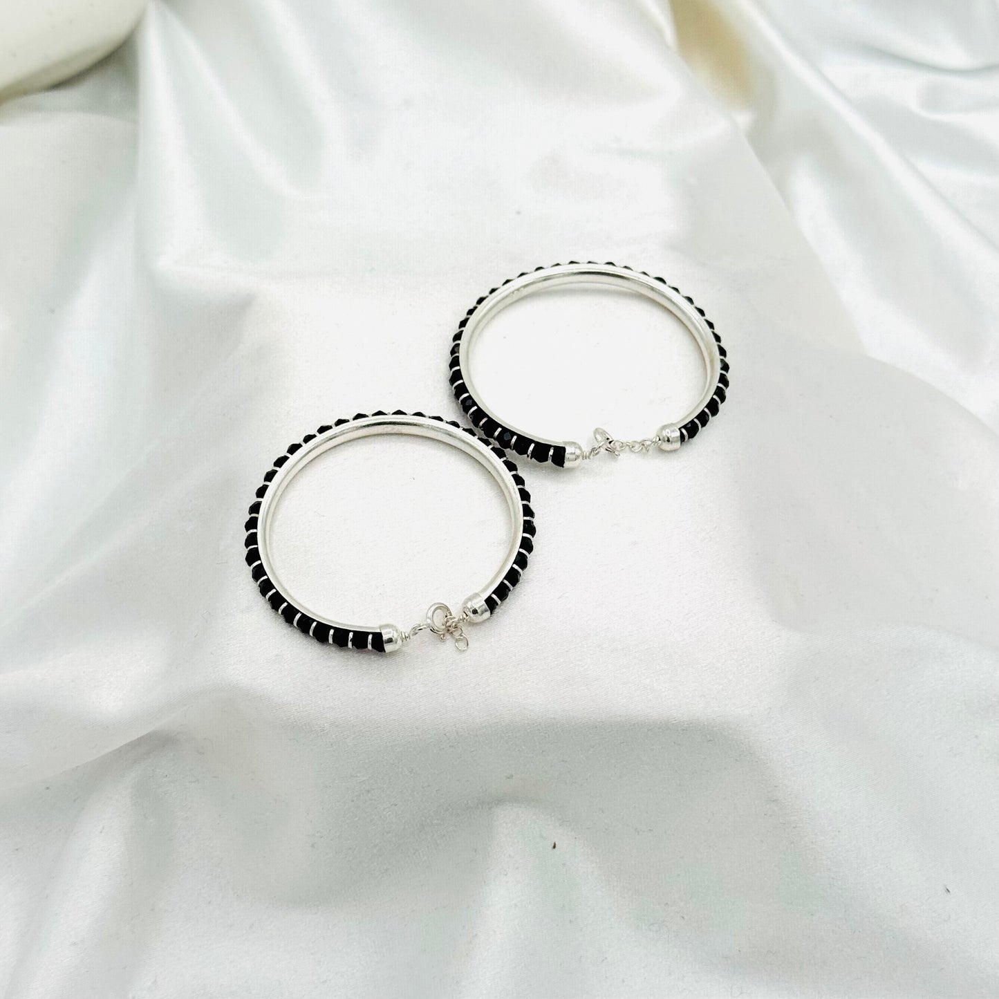 Black Beads Baby 925 Sterling Silver Open Lock Bangle Pair BBS37