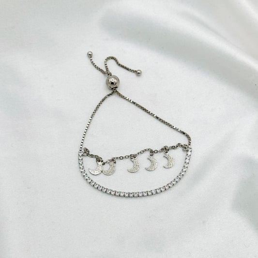 WBT40 Women Double Layer Tennis Bracelet with Moon Danglers In 925 Sterling Silver