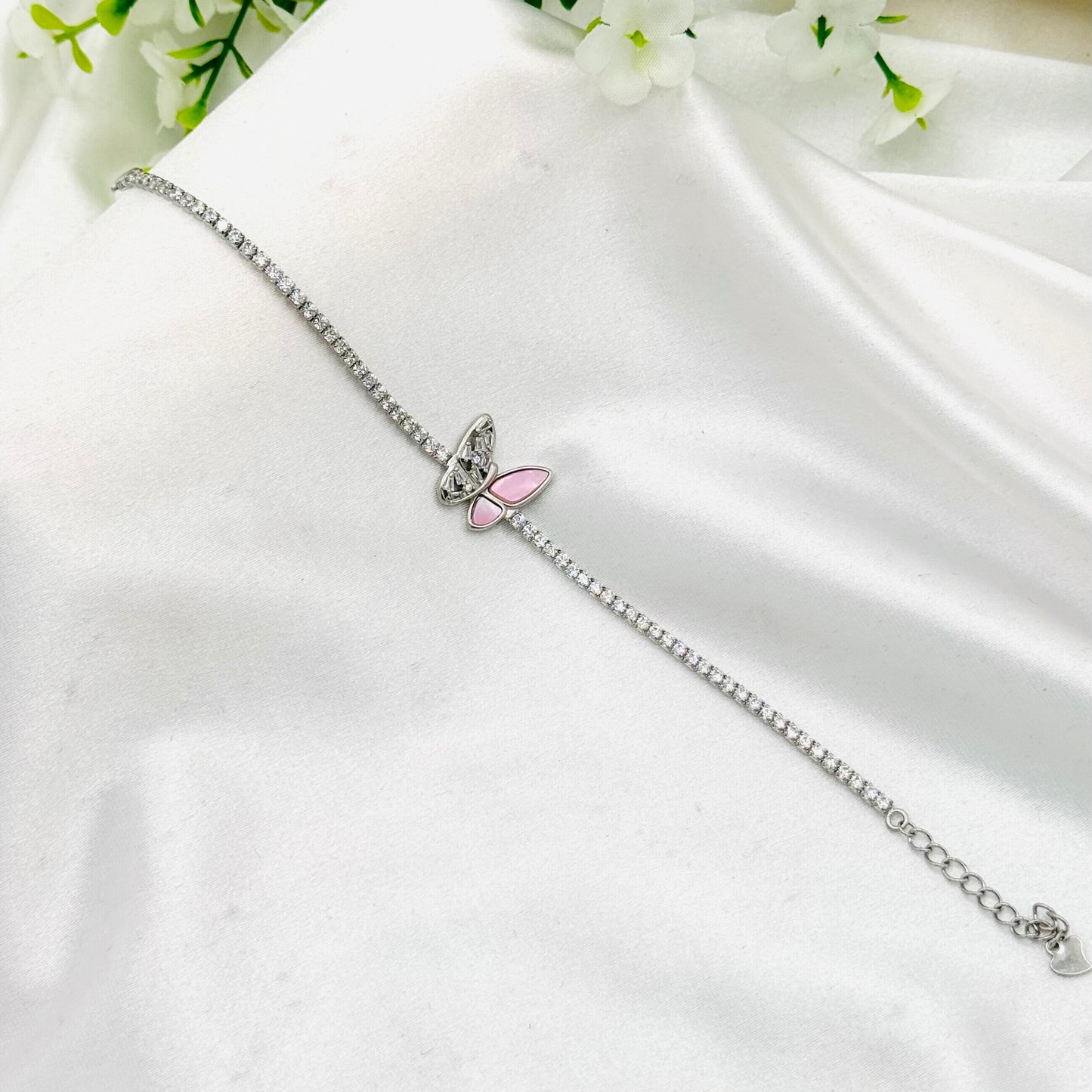 WBT38 Women Tennis Bracelet With Pink Butterfly & Moissanites In 925 Sterling Silver
