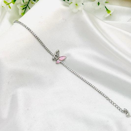 WBT38 Women Tennis Bracelet With Pink Butterfly & Moissanites In 925 Sterling Silver