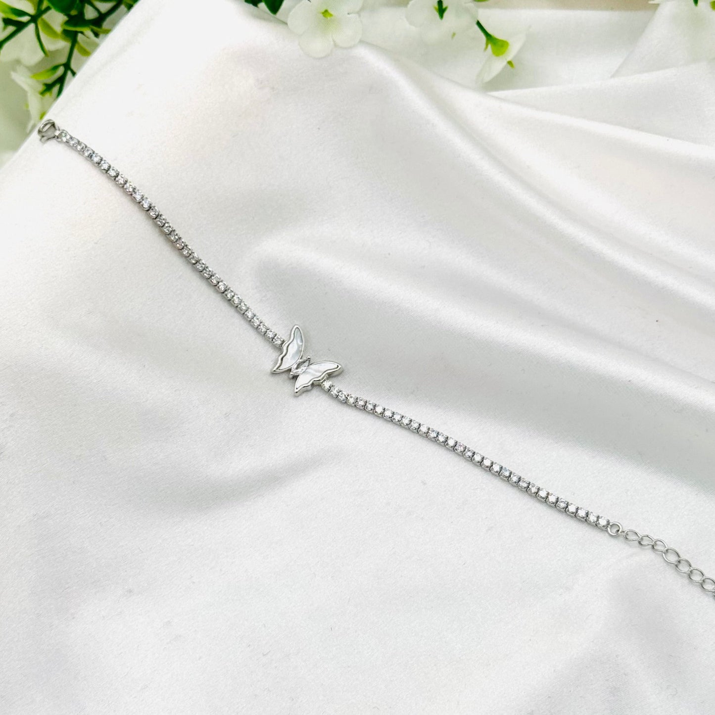 WBT37 Women Tennis Bracelet With White Enamel Butterfly & Moissanites In 925 Sterling Silver