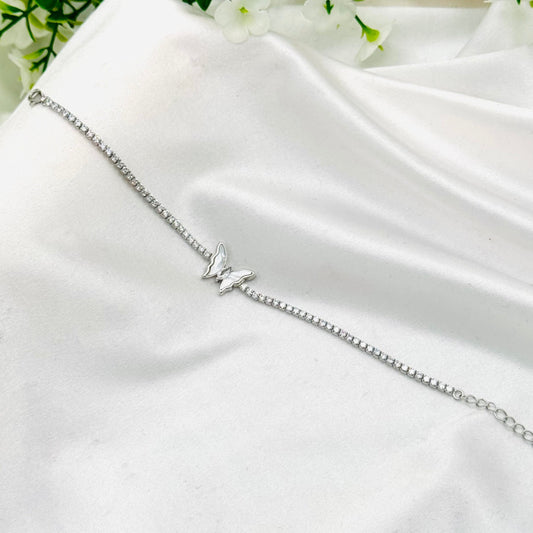 WBT37 Women Tennis Bracelet With White Enamel Butterfly & Moissanites In 925 Sterling Silver