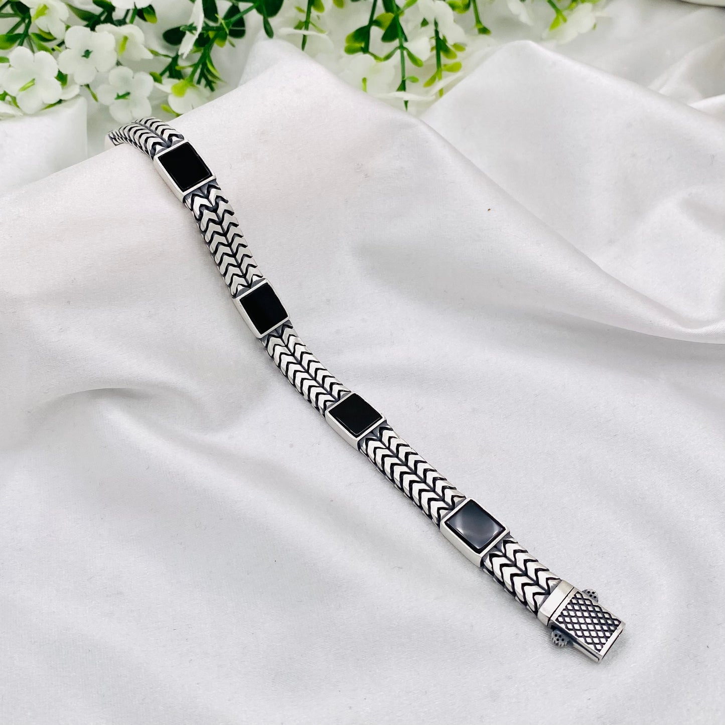 Mens Silver Bracelet with Onyx Stones MB013