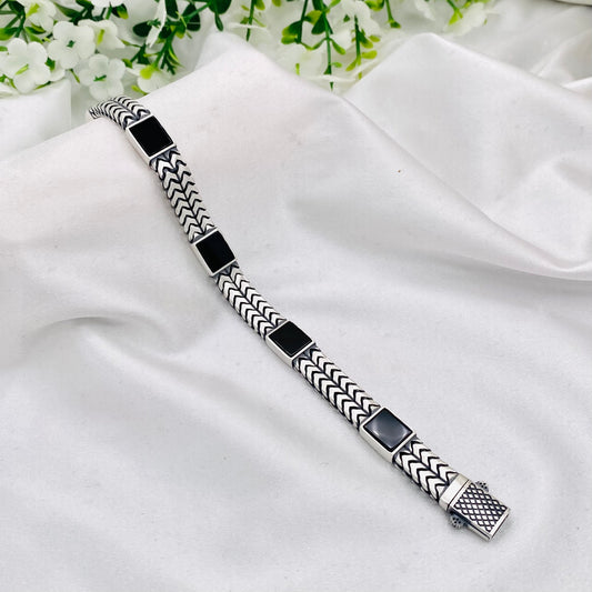 Mens Silver Bracelet with Onyx Stones MB013