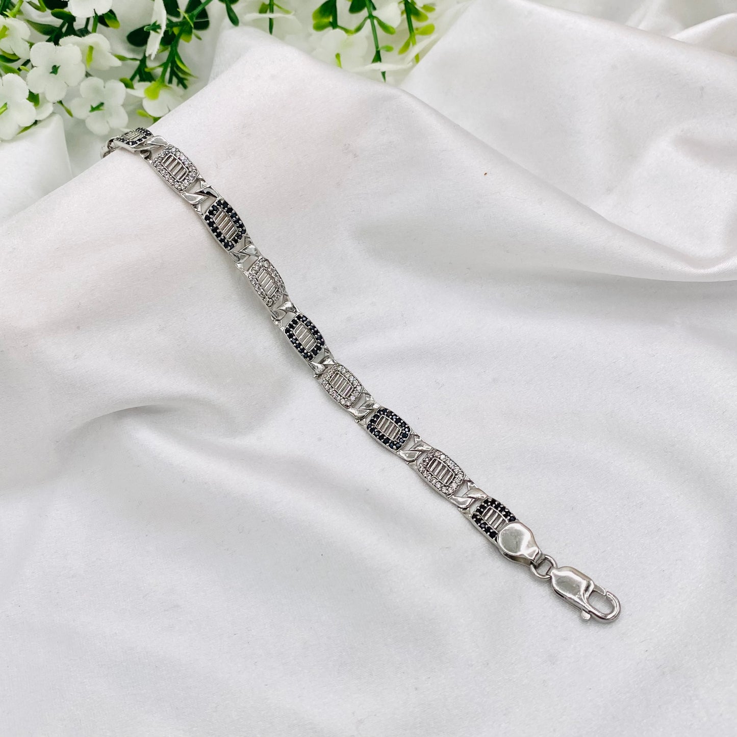 Mens Silver Bracelet with Black Stones MBI12