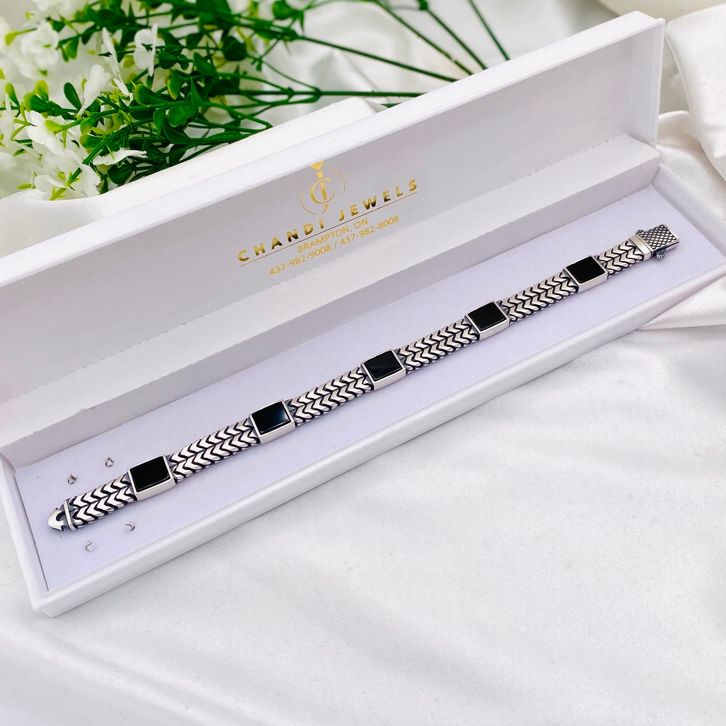 Mens Silver Bracelet with Onyx Stones MB013