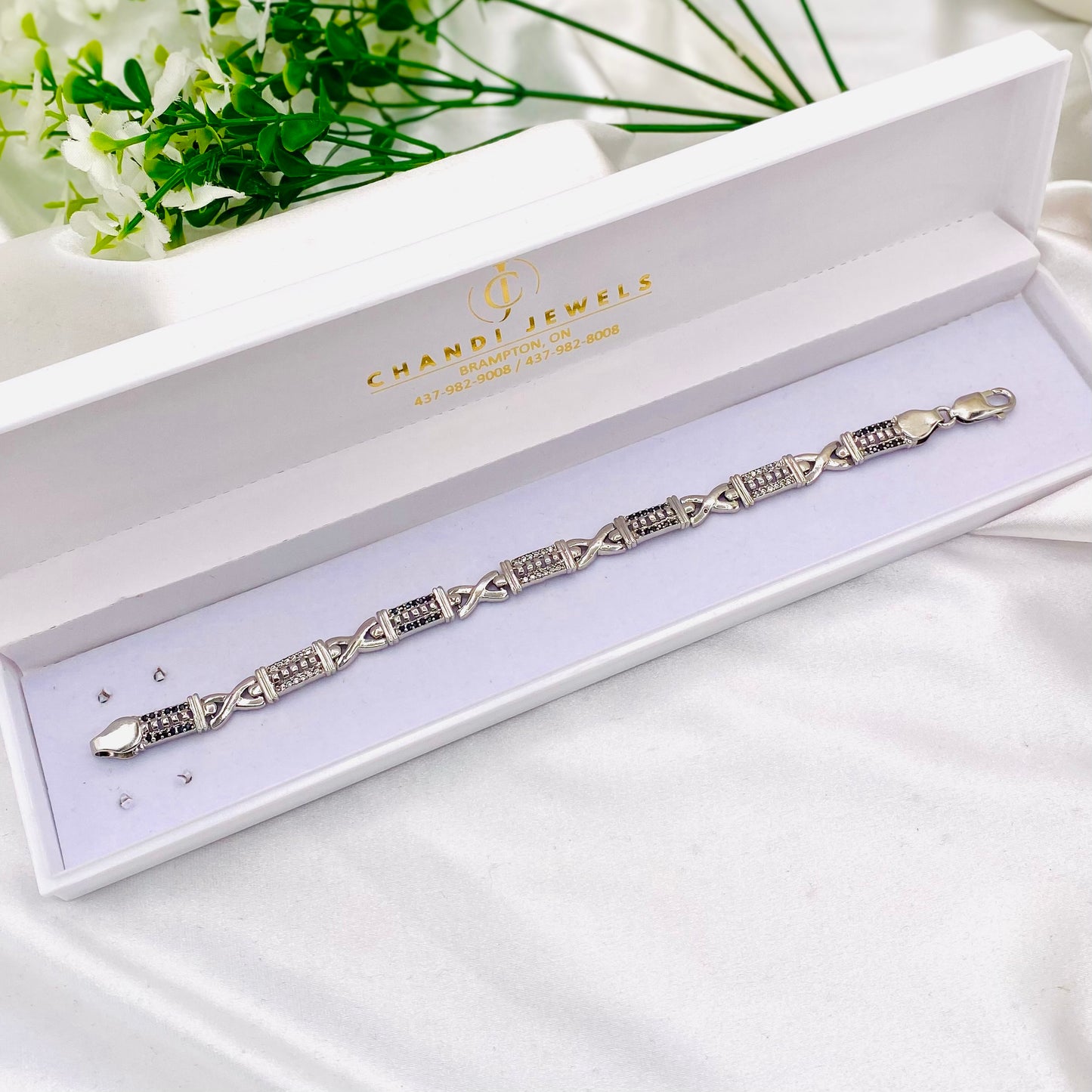 Mens Silver Bracelet with Black stones MBI10