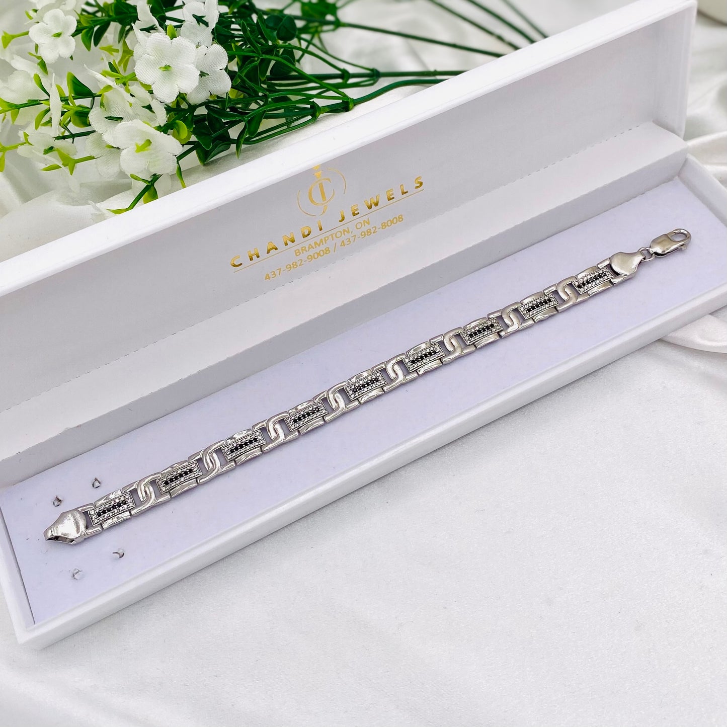 Mens Silver Bracelet with Black stones MBI11