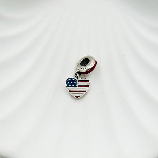 American Flag heart Pandora Charm 925 Sterling Silver PDC03