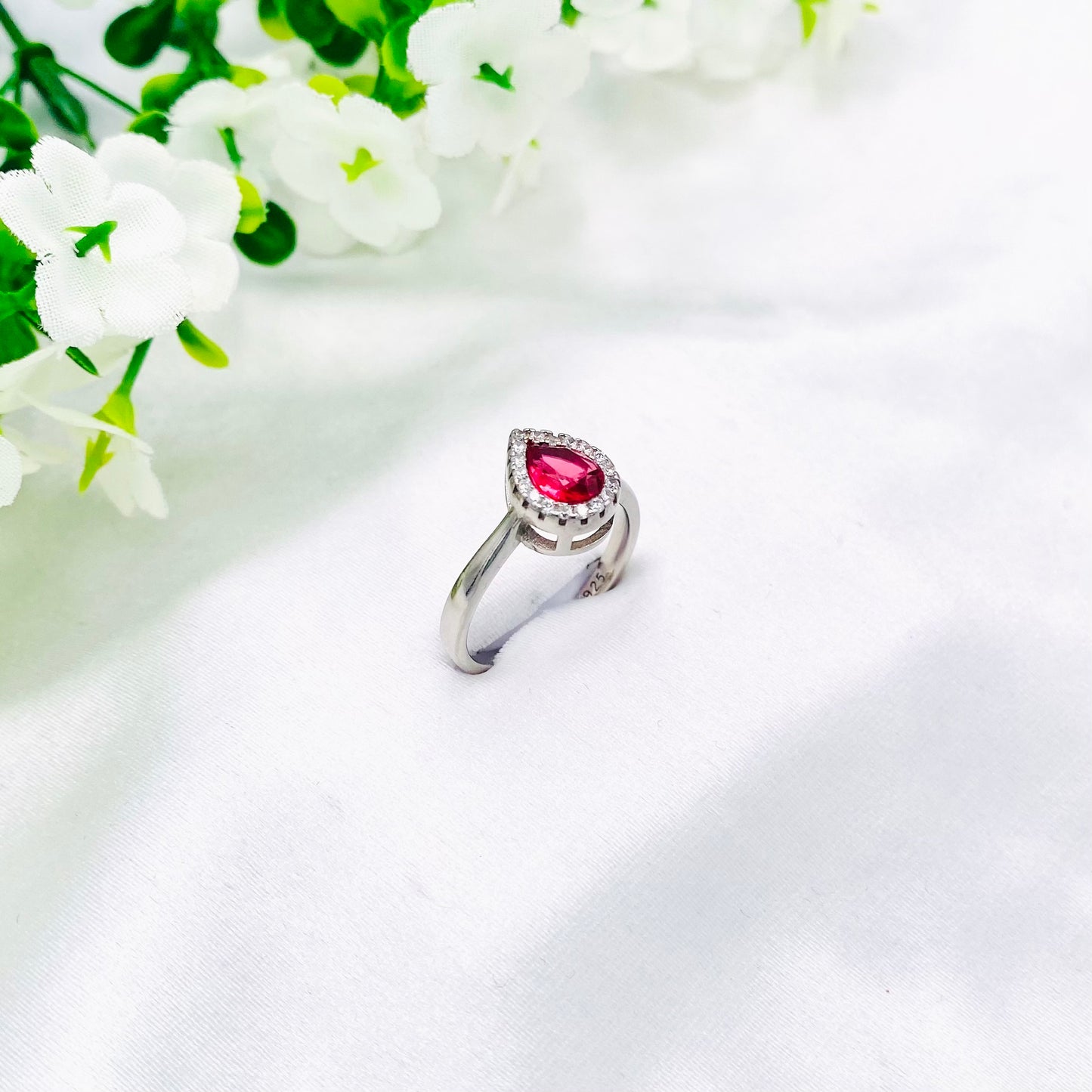 Women Ruby Solitaire Pear shaped Silver Ring WRI52