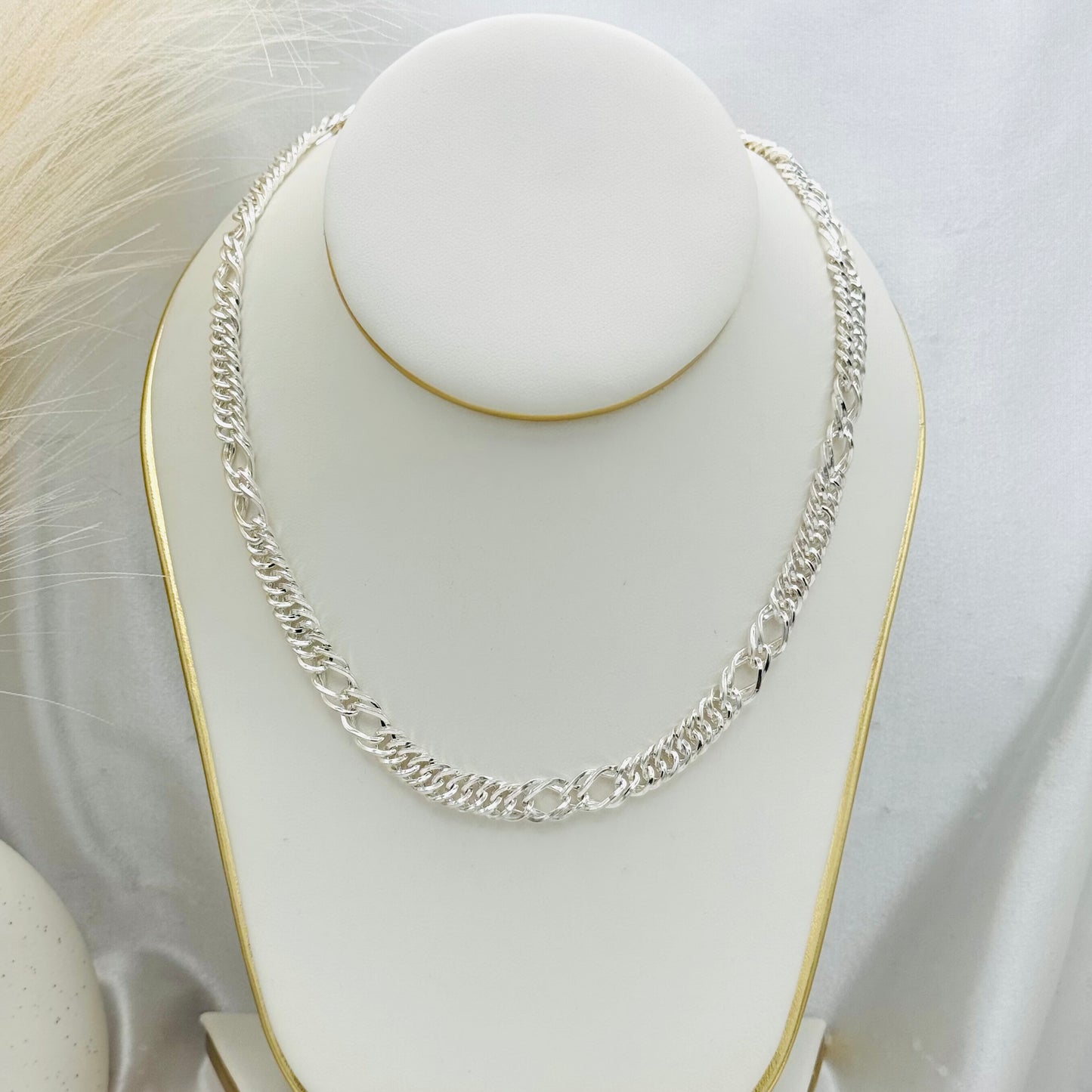 Flat Figaro link chain Necklace in 925 Sterling Silver MCH10