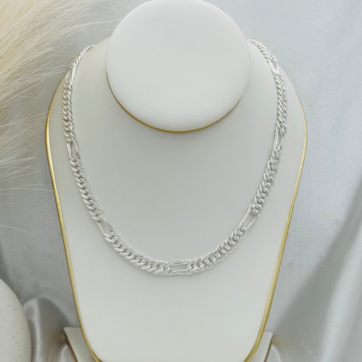 Flat Figaro Frosted link Necklace in 925 Sterling Silver MCH11