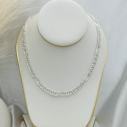 Flat Figaro Frosted link Necklace in 925 Sterling Silver MCH11
