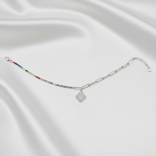 Women Rainbow Tennis clover 925 Sterling Silver Anklet WAI03 (SINGLE)