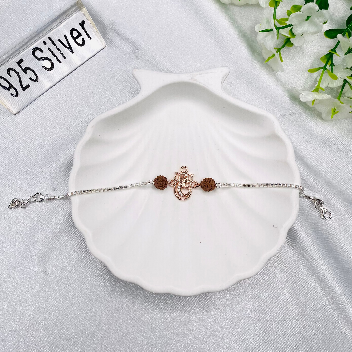 GaneshJi Rudraksha Rosegold 925 Silver Rakhi MRI61