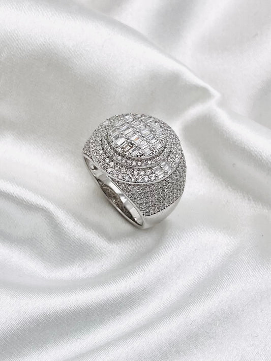 Men's Hip-Hop Style Iced-Out American Diamond Cushion Frame Square Silver Ring MRIT10