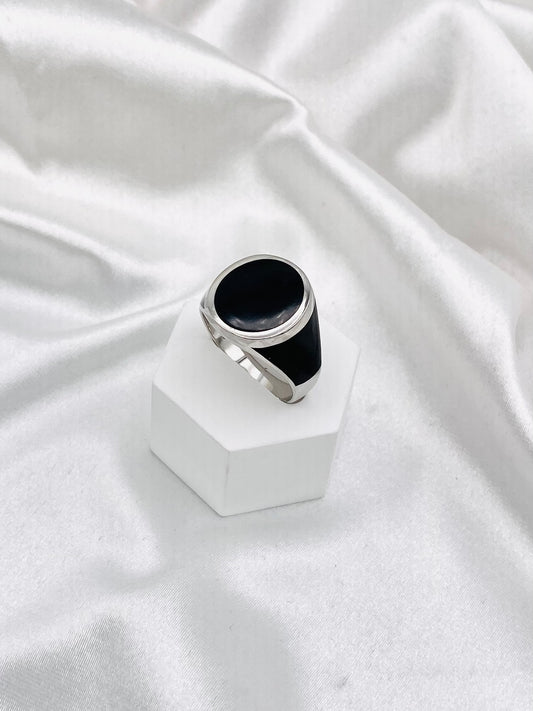 Men's Black Enamel Oval Gemstone Signet Ring In Sterling Silver MRB11