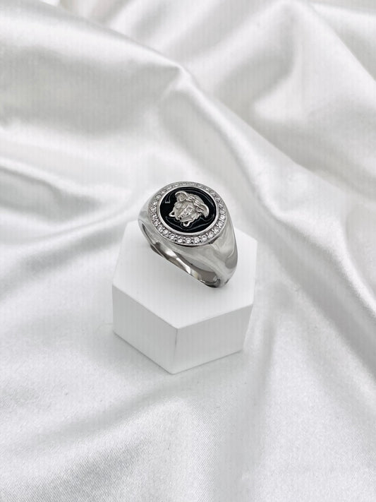 Men's Black Oval Medusa Lion WITH Moissanite Ring In Sterling Silver MRB12