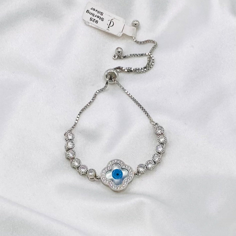 Evil Eye Blue Adjustable Bracelet with Round Moissanite in 925 Silver, Rhodium Finish WBE05