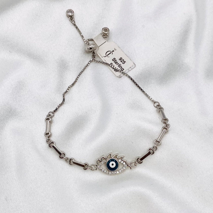 Evil Eye Emerald Green Adjustable Original Bracelet In Sterling Silver, Rhodium Finish WBE03