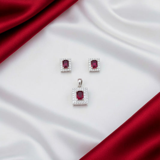 Women's Ruby layered CZ 925 Sterling Silver Pendent with Cz Earring set SPI13