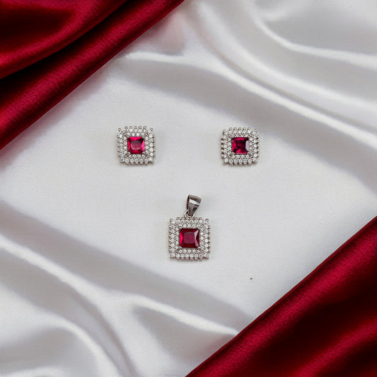 Women's Ruby Square CZ 925 Sterling Silver Pendent with Cz Earring set SPI07