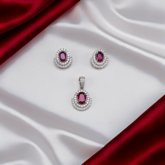Women's Ruby Round CZ 925 Sterling Silver Pendent with Cz Earring set SPI08
