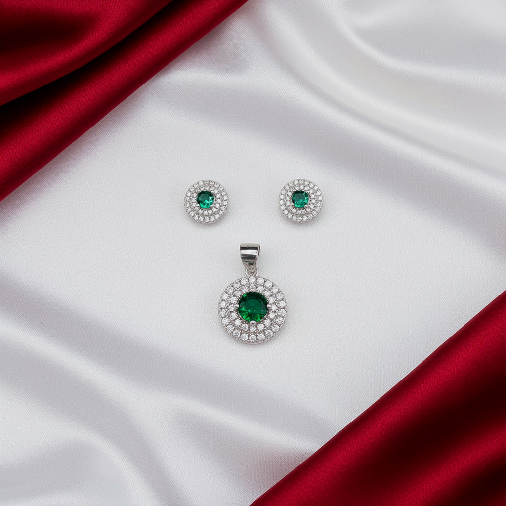 Women's Round Emerald Double layered CZ 925 Sterling Silver Pendent with Cz Earring set SPI12