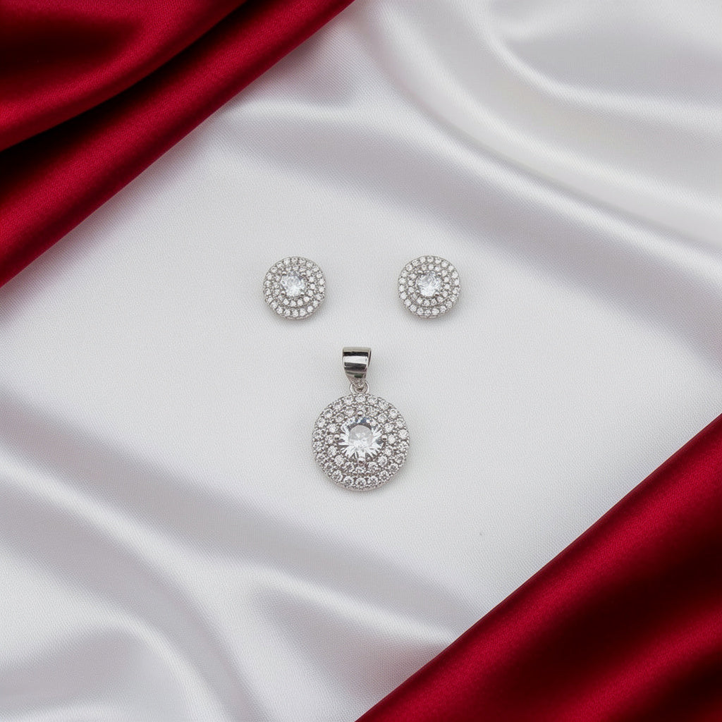 Women's Round CZ 925 Sterling Silver Pendent with Cz Earring set SPI02